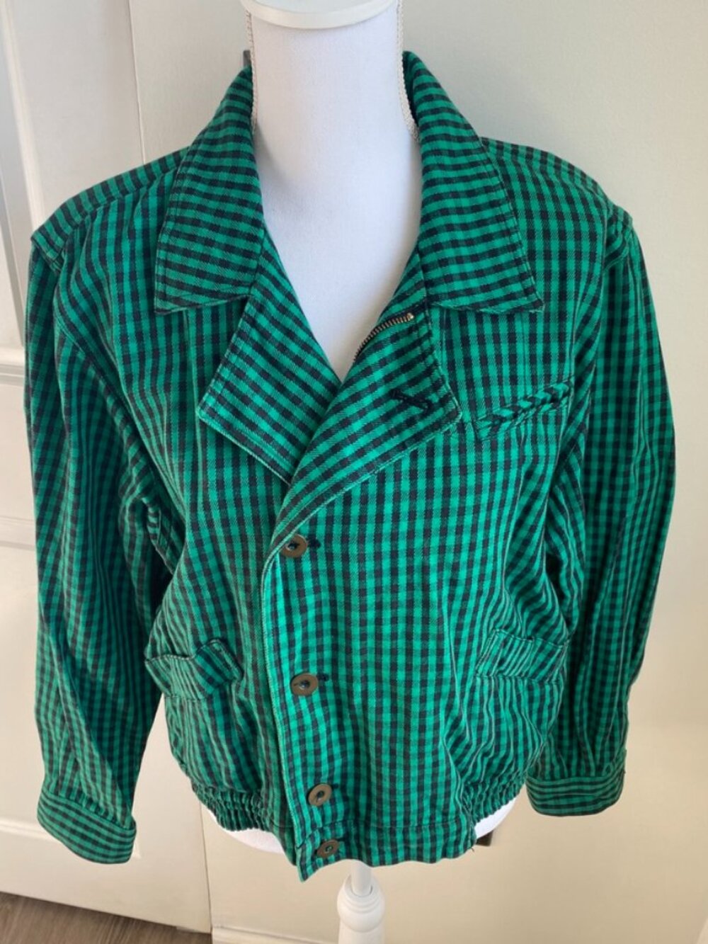 Vintage Lizwear Green Plaid Cropped Moto Denim Jacket 90s Grunge